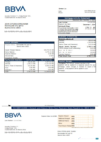 Download Argentina BBVA bank mortgage statement scr Photoshop template